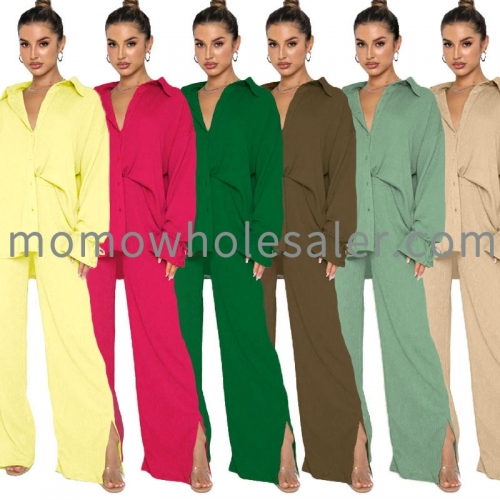 220813 Solid Color Lapel Single Breasted Long Sleeve Lace Up Top Women Fashion Pants Set