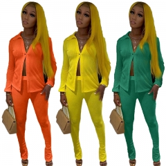 F9080 solid color wool pit strip long-sleeved suit open chest shirt slim trousers two-piece set