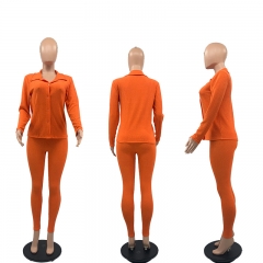 F9080 solid color wool pit strip long-sleeved suit open chest shirt slim trousers two-piece set