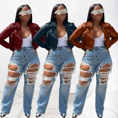 LD8246 Lapel Side Zip Leather Buckle Bomber Jacket