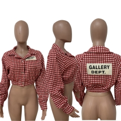 LD83135 Houndstooth Alphabet Print Buckle Lapel Warm Lantern Sleeve Jacket