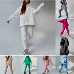W96011 hooded long-sleeved long pants fleece sweatshirt two-piece set