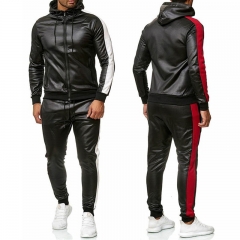 ZH-M2804-DSU men's hooded patchwork patent leather jacket two-piece set