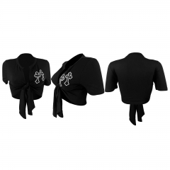 HR23021 women's cross-border sources of summer new double cross leather embroidery hollow strapped T-shirt