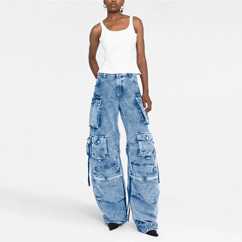 Multi Pockets High Waist Cargo Jeans