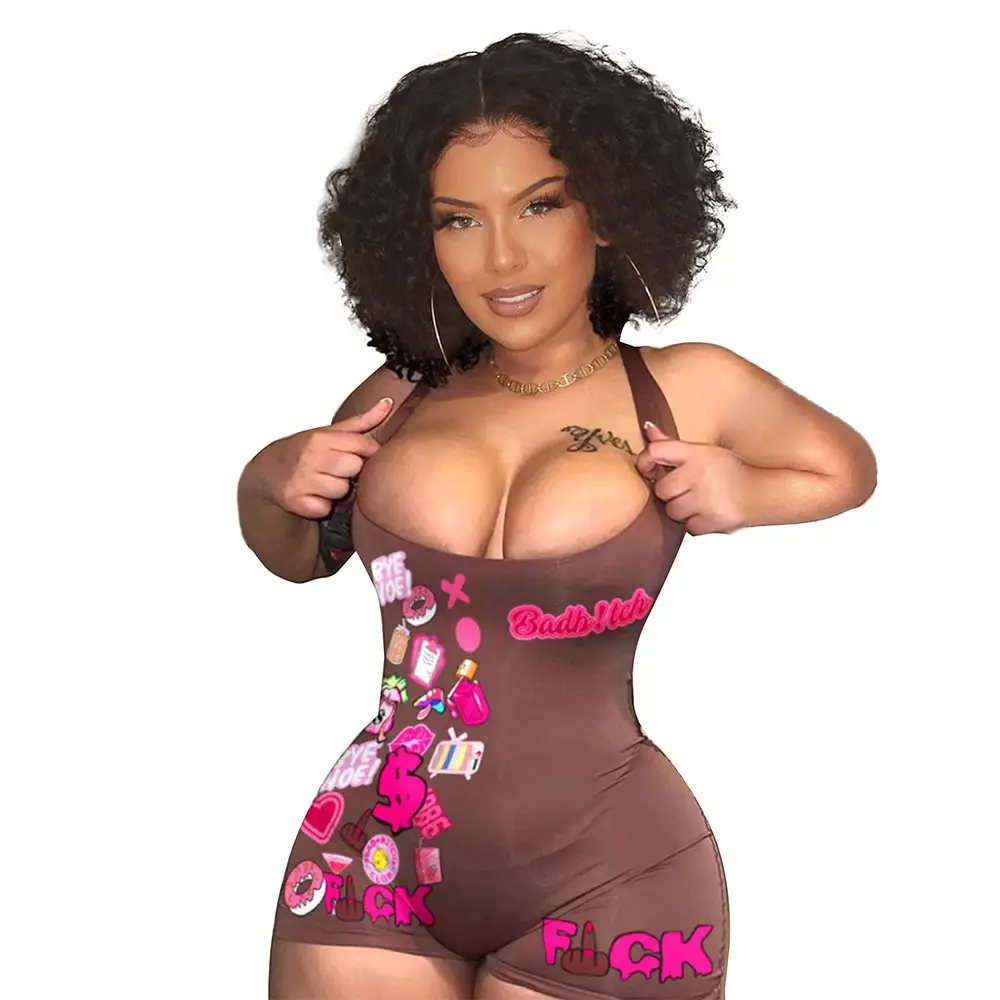 Street sexy tight hight elastic fashion print hanging neck one-piece shorts jumpsuit women