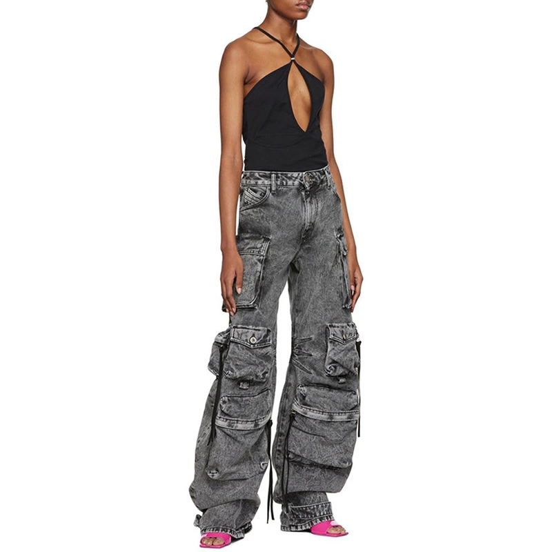 Multi Pockets High Waist Cargo Jeans