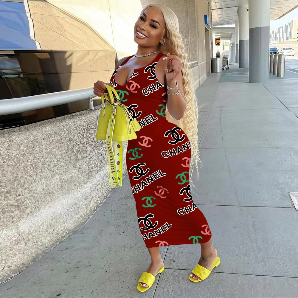 2023 Summer Lady Dress Casual U Neck Sleeveless Women Bodycon Dresses Designer Print Luxury Brand Maxi Long Dress