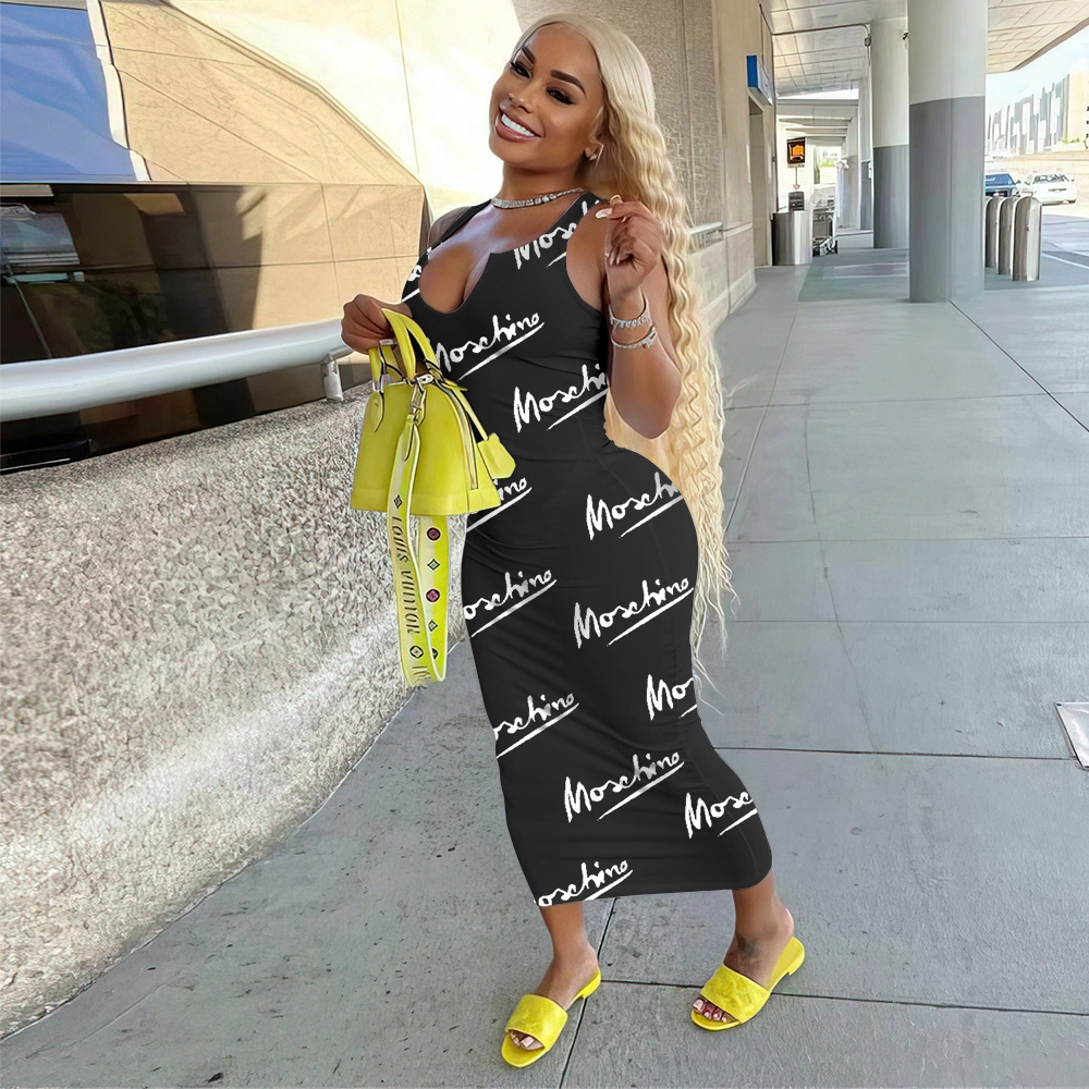 2023 Summer Lady Dress Casual U Neck Sleeveless Women Bodycon Dresses Designer Print Luxury Brand Maxi Long Dress