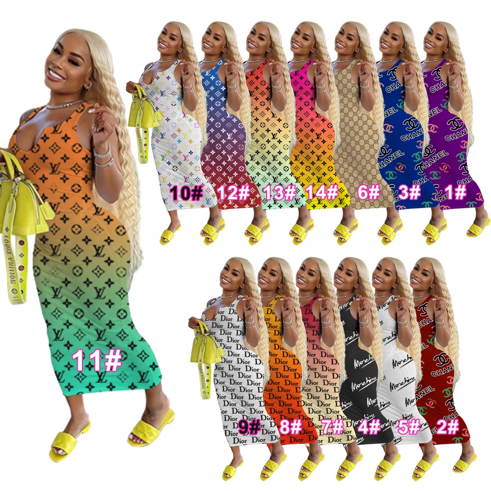2023 Summer Lady Dress Casual U Neck Sleeveless Women Bodycon Dresses Designer Print Luxury Brand Maxi Long Dress
