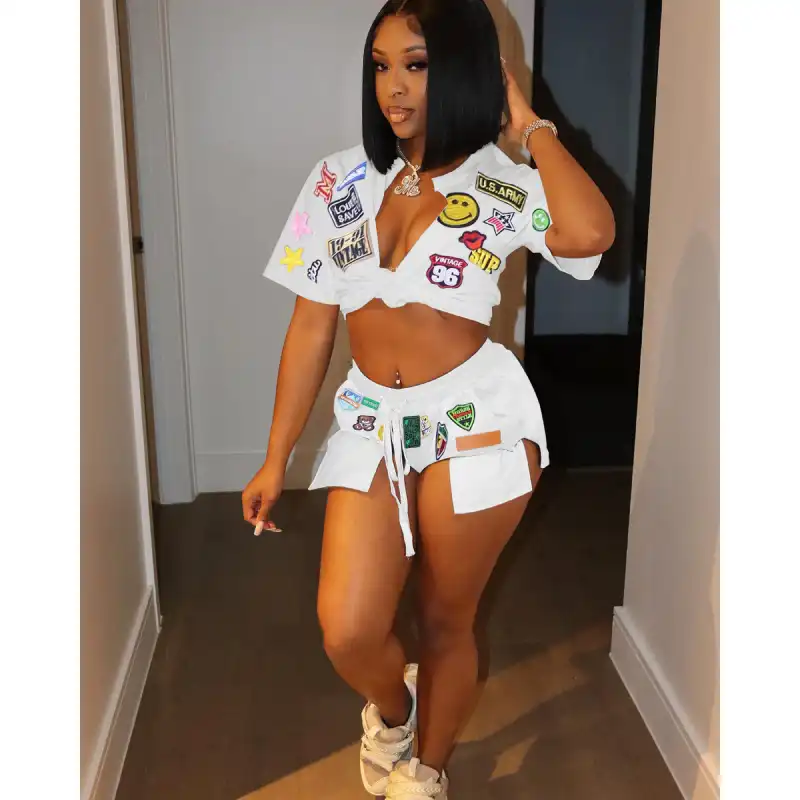 J10123 2023 summer casual women's wear printed short-sleeved shorts two sets