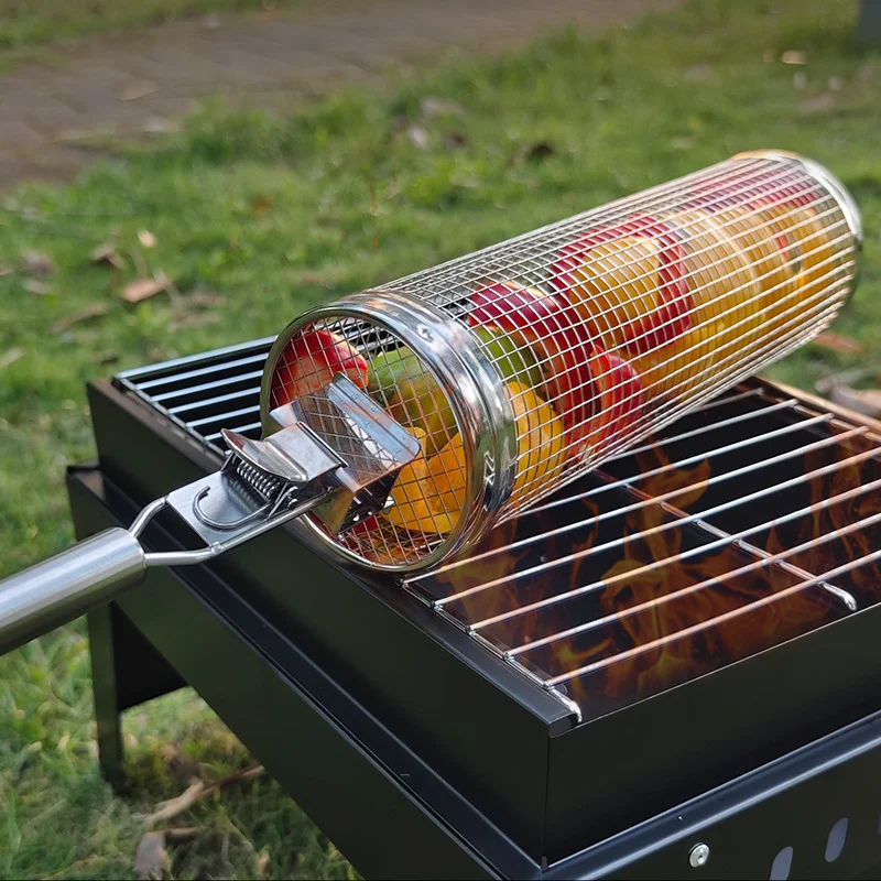 2023 BBQ Net Tube Barbecue Grilling Basket Stainless Steel Wire Mesh Rolling Grilling Basket