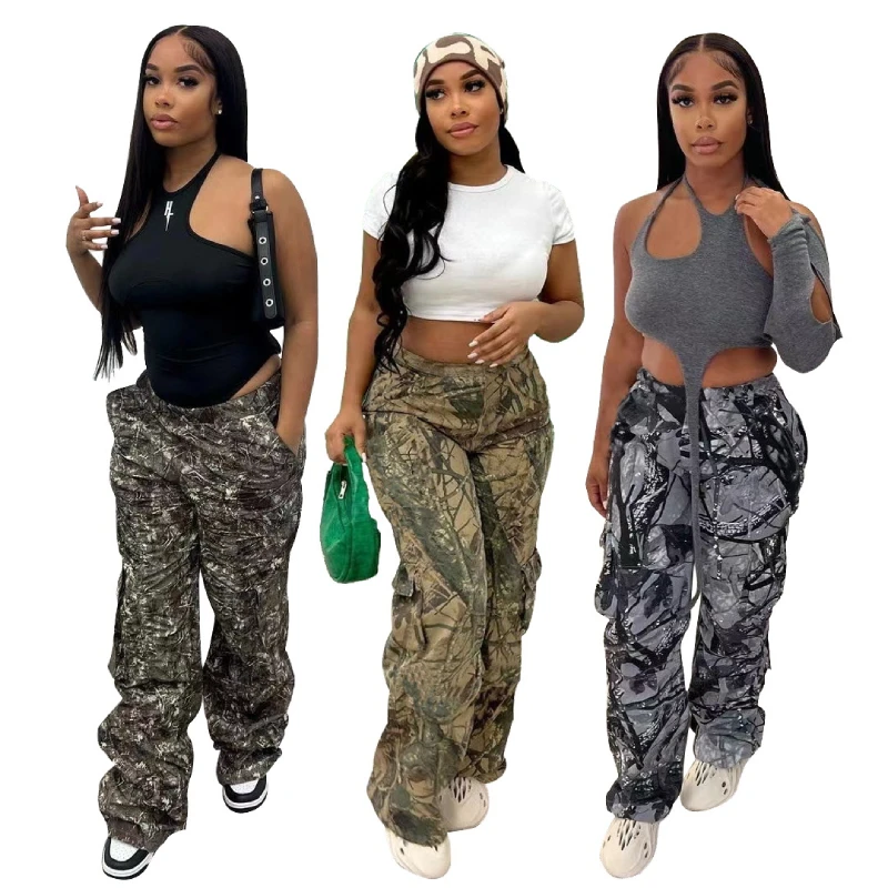Spring 2023 Camouflage Casual Cargo Pants for Women Streetwear Fashion Camo Pants with Pockets Straight Leg Women's Trousers