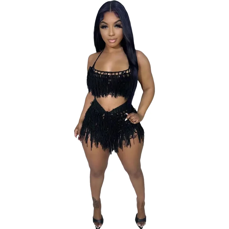 Women Beach Wear Summer Lady Halter Tank Top And Hollow Out Knit High Waist Shorts 2 Piece Set Tassel Crochet Outfit