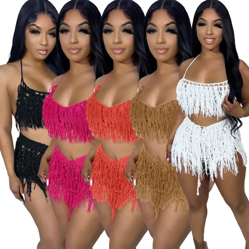Women Beach Wear Summer Lady Halter Tank Top And Hollow Out Knit High Waist Shorts 2 Piece Set Tassel Crochet Outfit