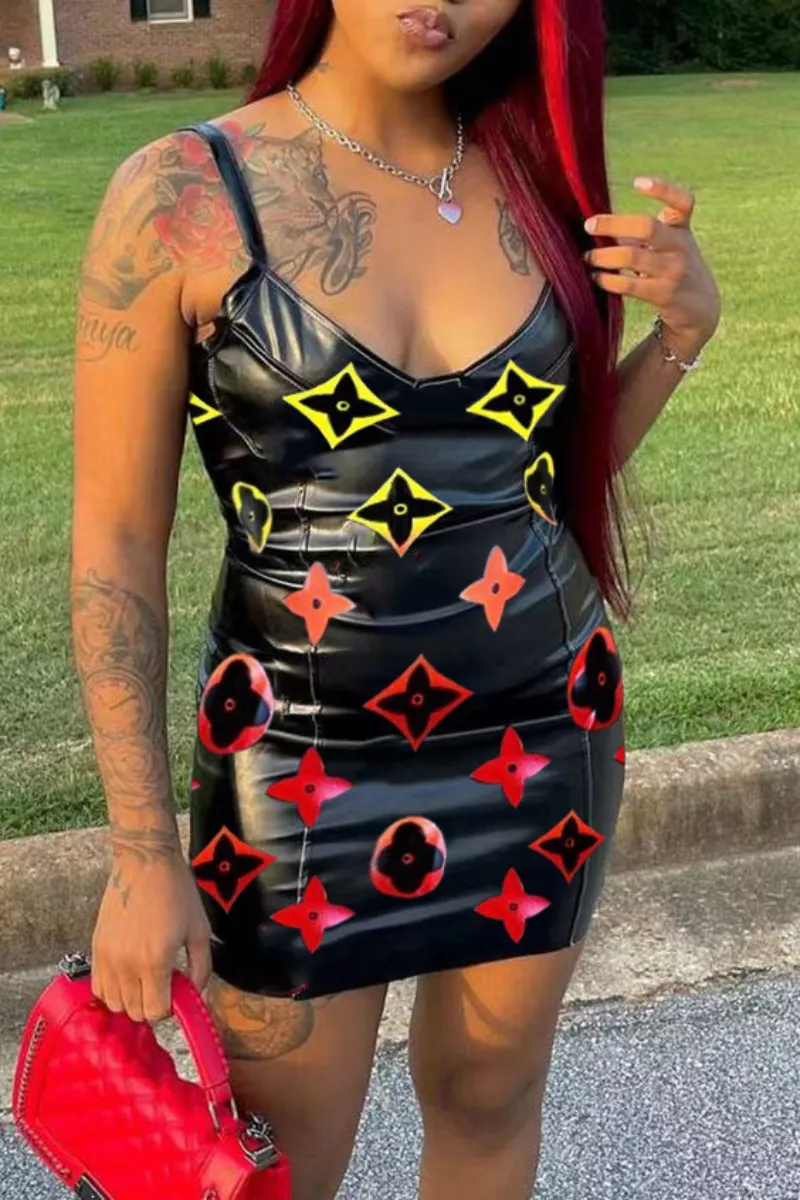 Fashion In Stock Stretch Embroidery Sleeveless PU Leather Black Sexy Mini Dress