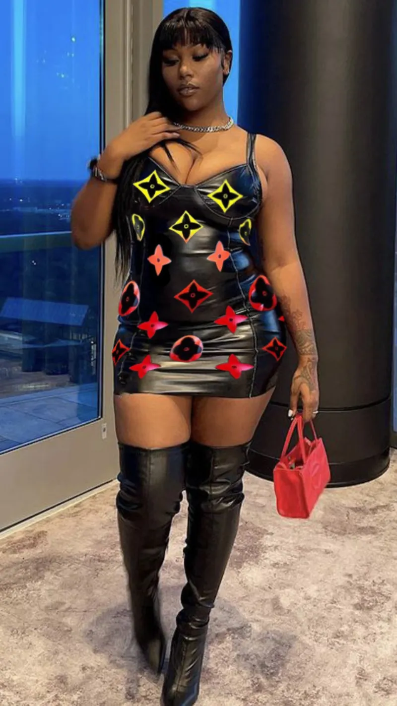 Fashion In Stock Stretch Embroidery Sleeveless PU Leather Black Sexy Mini Dress