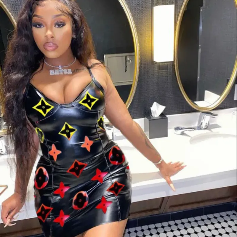 Fashion In Stock Stretch Embroidery Sleeveless PU Leather Black Sexy Mini Dress