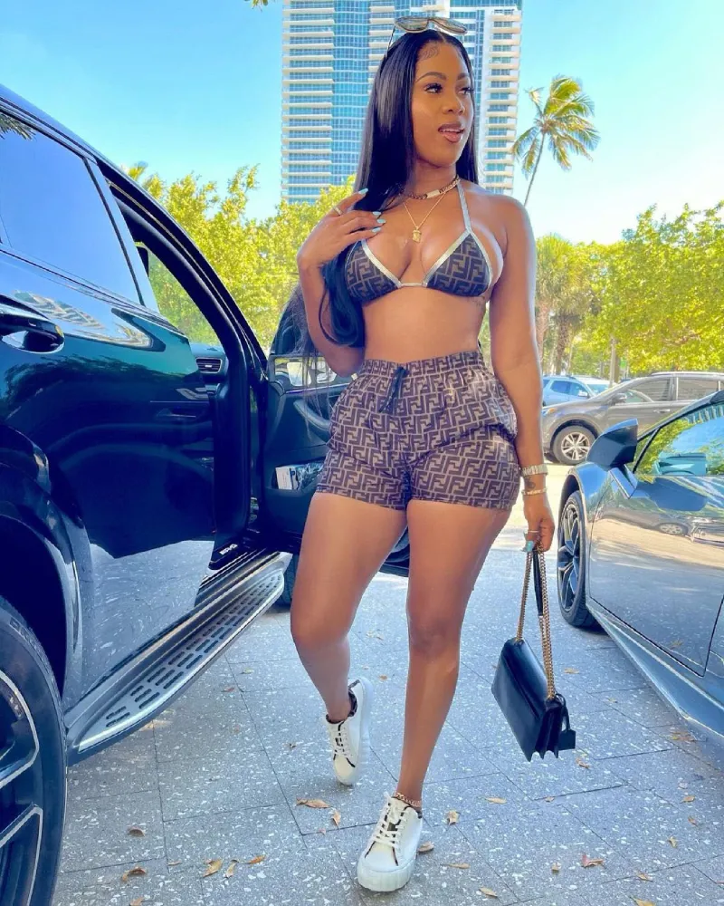 H2482 2023 summer new digital printing triangle sling chest-wrapped elastic waist shorts set two-piece fashion