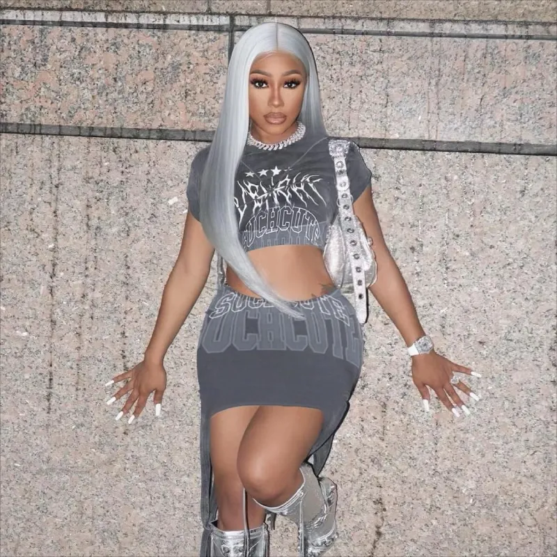 dropshipping lady dress women nightclub summer Sexy crop top slim t shirt irregular print hip skirt two piece womens sets skirts