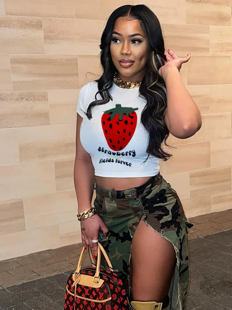 Summer New Strawberry Print Round Neck Fashion Slim Fit Short Sleeve T-shirt