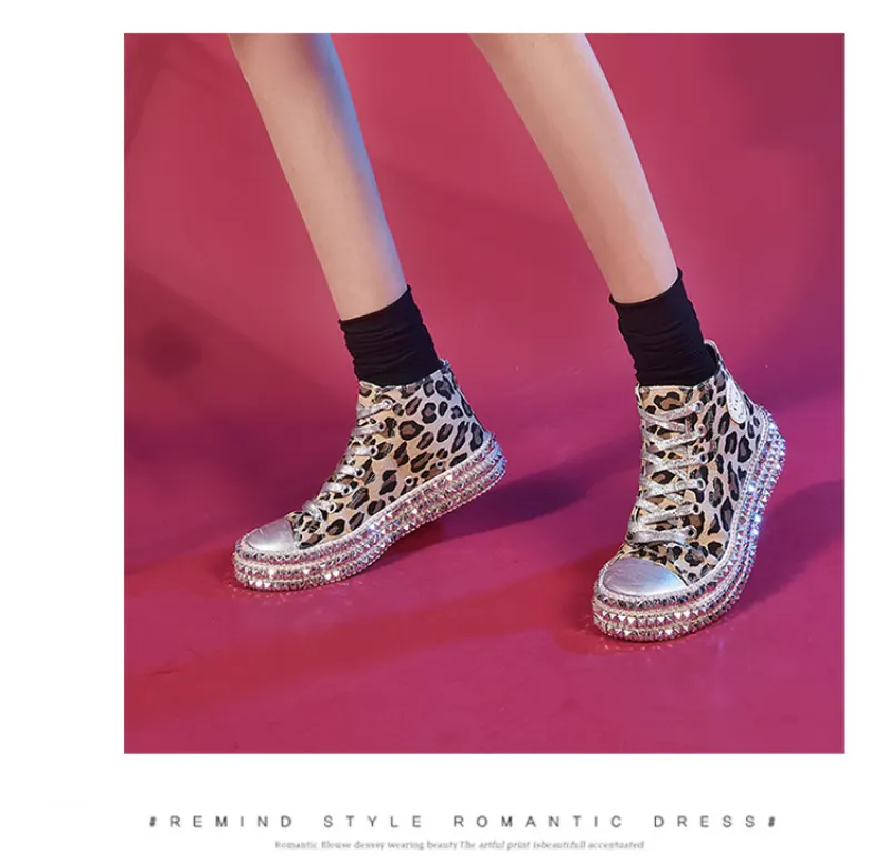 new fashion punk style rivet decorated thick sole &leopard print High-top low-top canvas shoes for women walking shoes