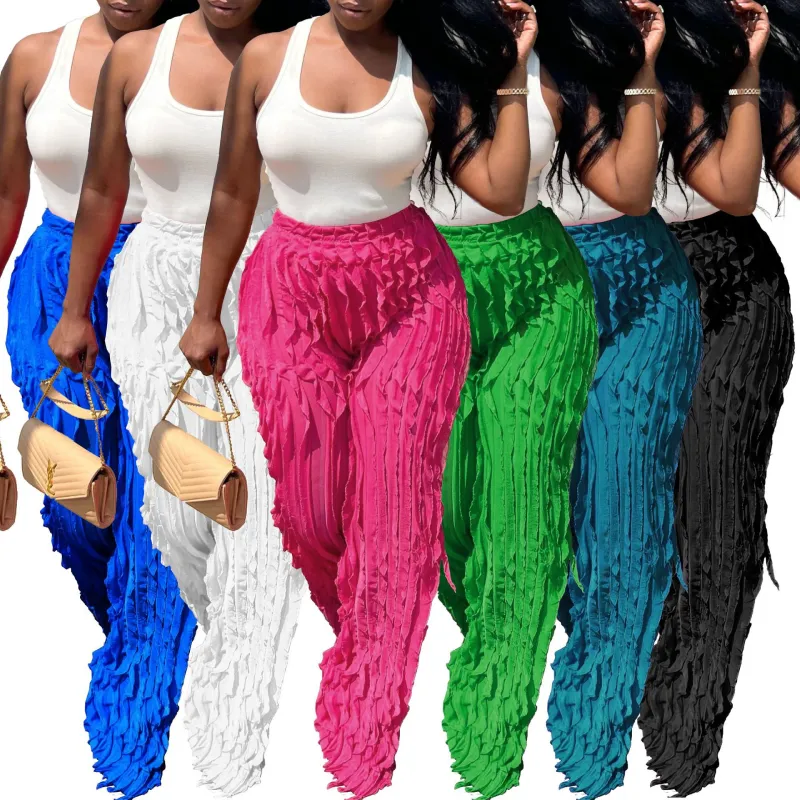 New Fashion Streetwear Wide Leg Pants High Waist Casual Ruffle Pants Loose Long Pant For Women Clothing
