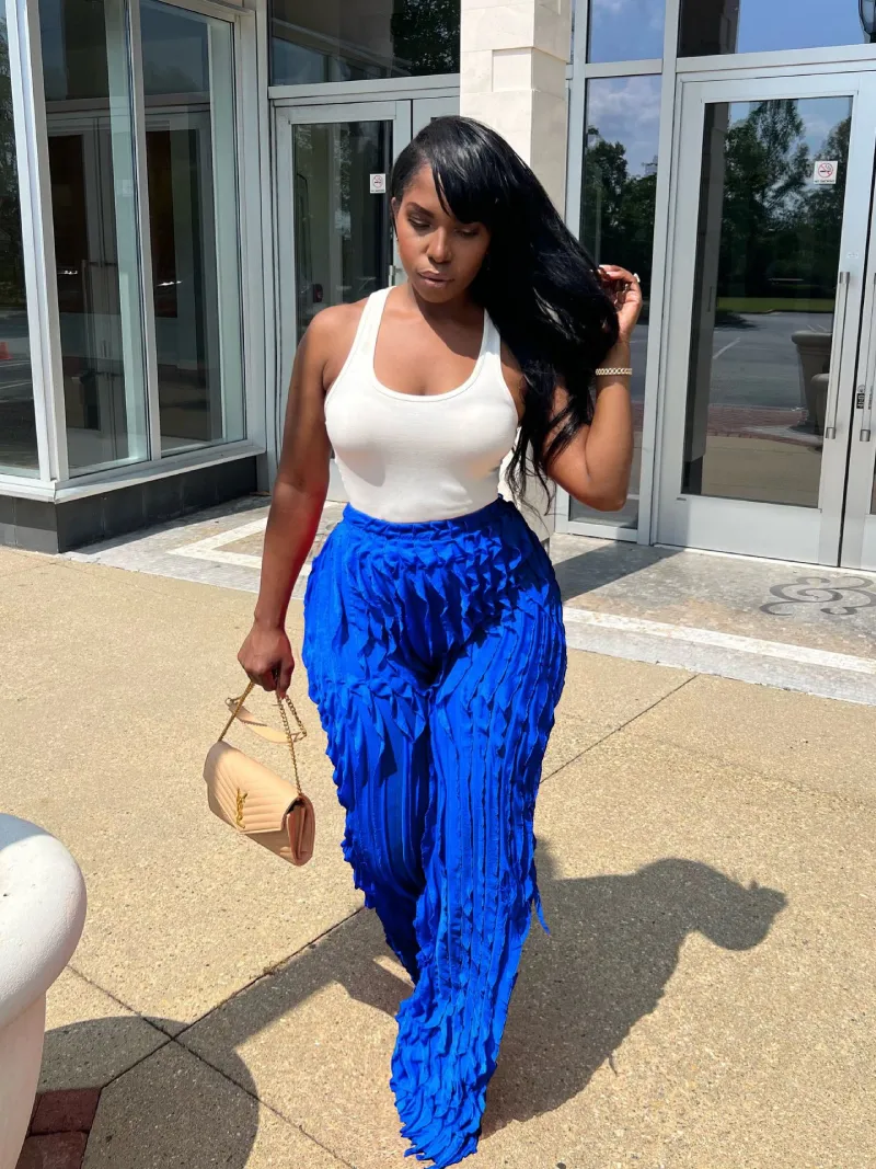 New Fashion Streetwear Wide Leg Pants High Waist Casual Ruffle Pants Loose Long Pant For Women Clothing