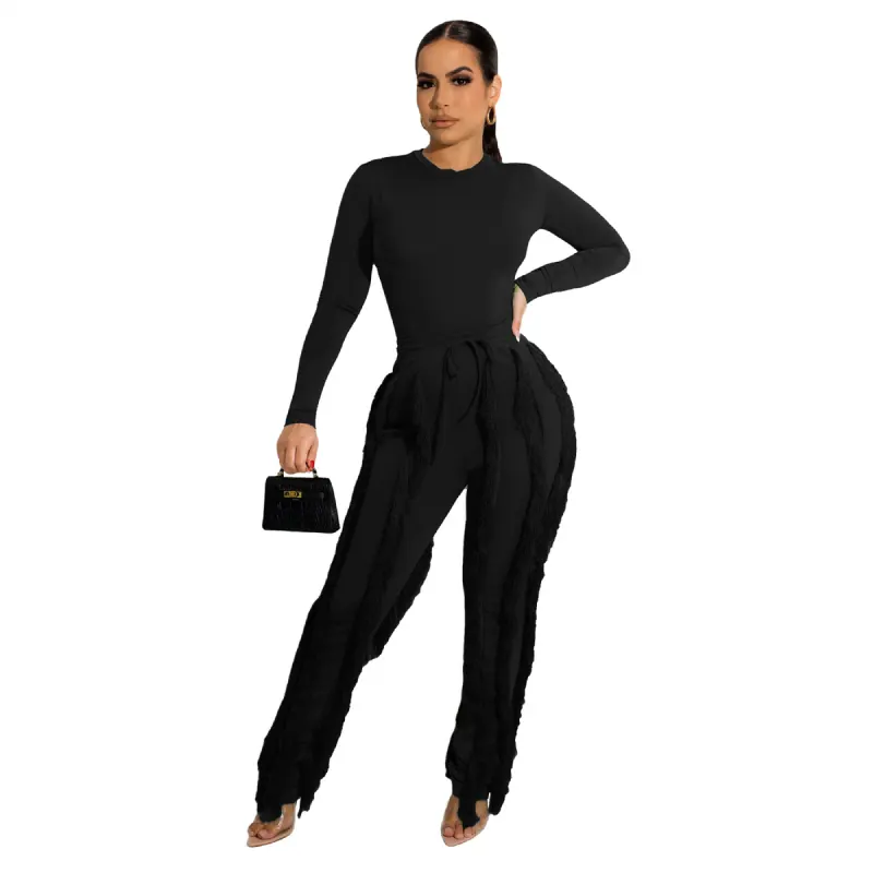 New Autumn solid color customized LOGO tassel long sleeve jumpsuit sweat suit women fitness set custom two piece pants set