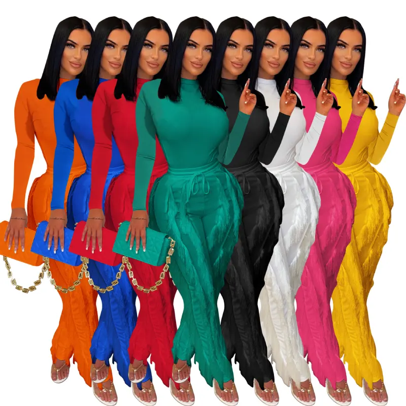New Autumn solid color customized LOGO tassel long sleeve jumpsuit sweat suit women fitness set custom two piece pants set
