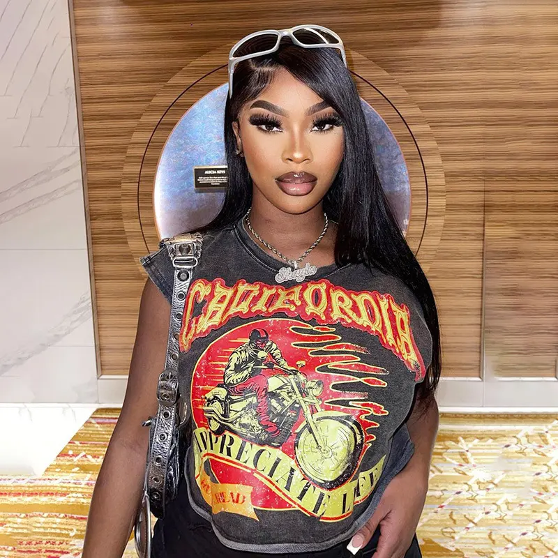 Streetwear T Shirts Tops Women Clothes 2023 Sleeveless Printed Loose Tank Tops Summer Sexy Hot Girls Graffiti T Shirts Top