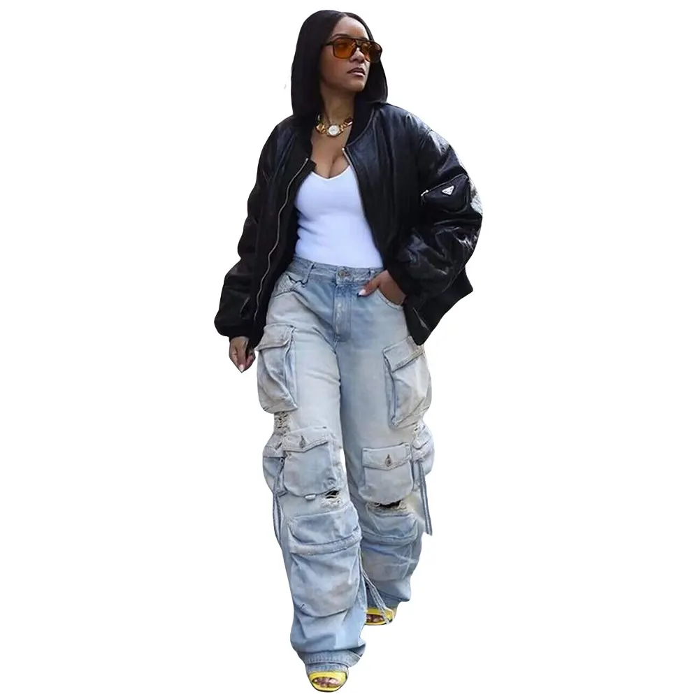 Cargo Pants Women's Fashion High Waist Straight Baggy Jean Aesthetic Multi-Pocket Trousers