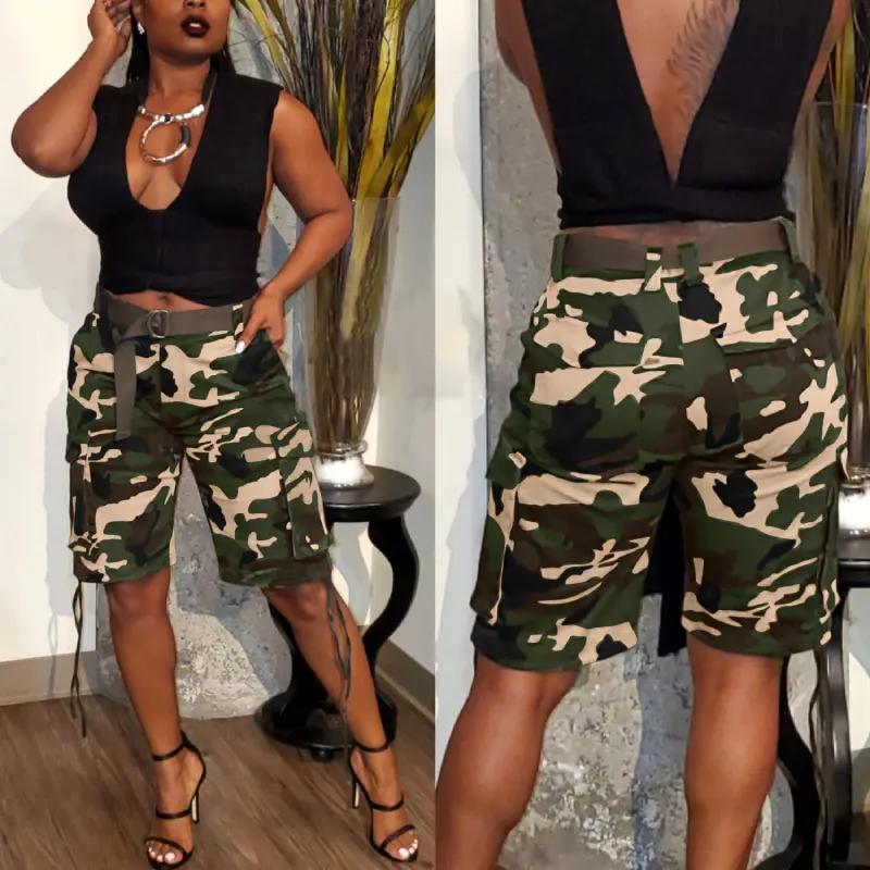 Spring and summer camouflage drawstring multi-pocket overalls (excluding Belt)