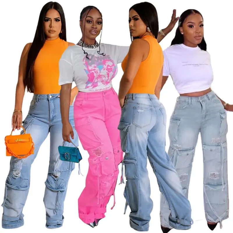 Cargo Pants Women's Fashion High Waist Straight Baggy Jean Aesthetic Multi-Pocket Trousers