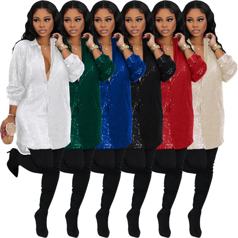 Wholesale Women's Clothing 2023 New Plus Size BlingBling Sequined Long-sleeved Shirt Loose Dress