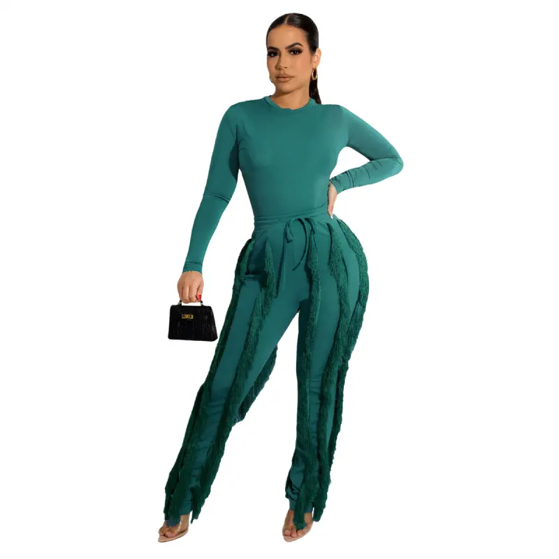 New Autumn solid color customized LOGO tassel long sleeve jumpsuit sweat suit women fitness set custom two piece pants set