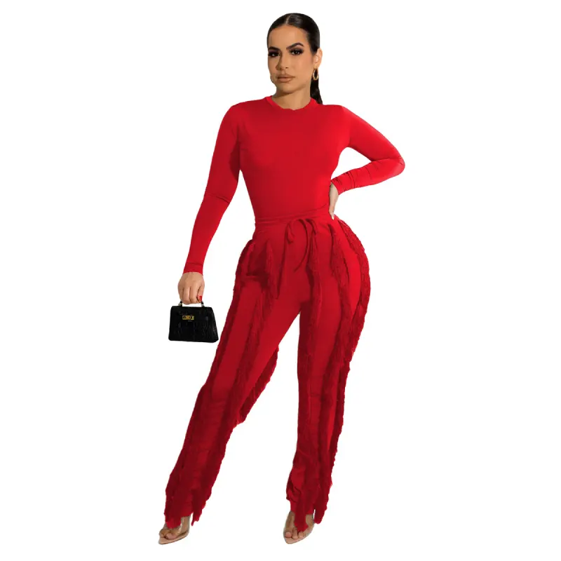 New Autumn solid color customized LOGO tassel long sleeve jumpsuit sweat suit women fitness set custom two piece pants set