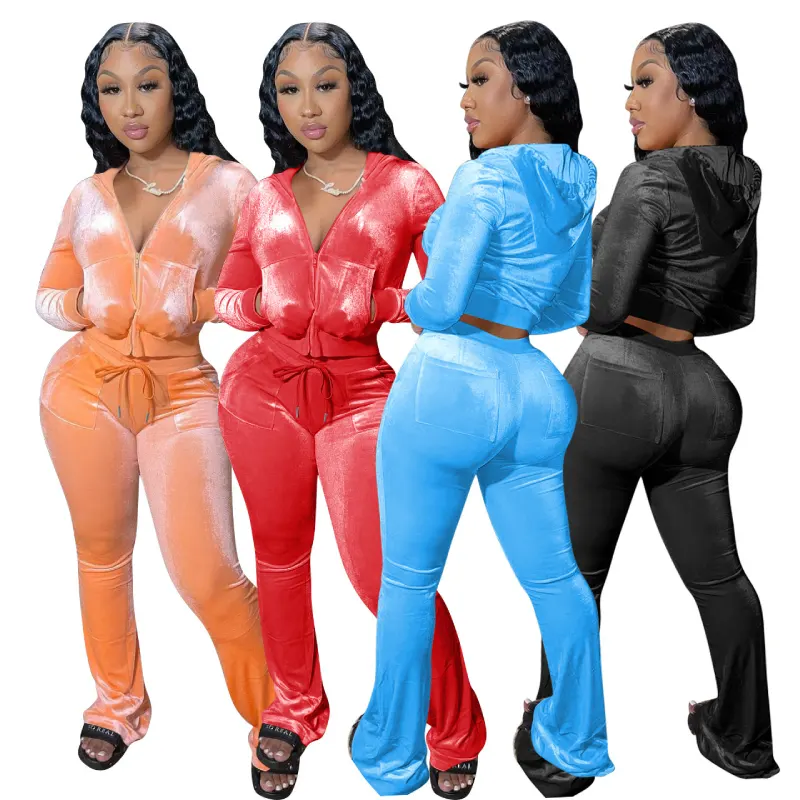 Sweatsuit Dropshipping Custom Logo Fashion Plus Size Sportswear Crop Tops Hoodie Pants Women Velvet Tracksuits 2 Piece Set