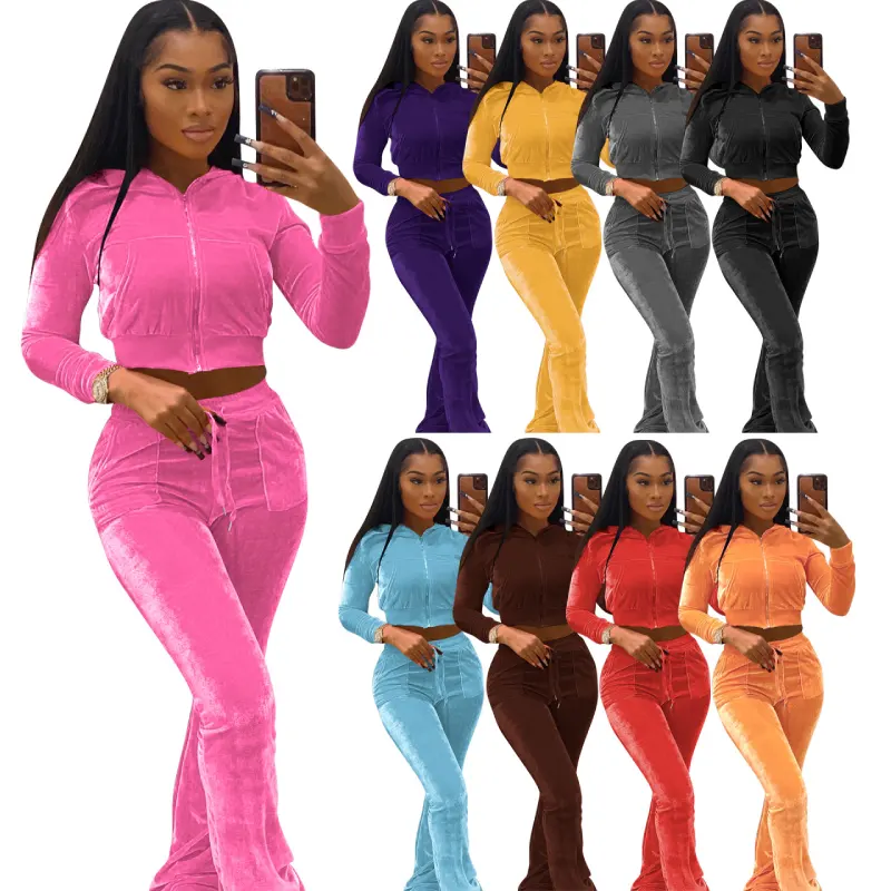 Sweatsuit Dropshipping Custom Logo Fashion Plus Size Sportswear Crop Tops Hoodie Pants Women Velvet Tracksuits 2 Piece Set