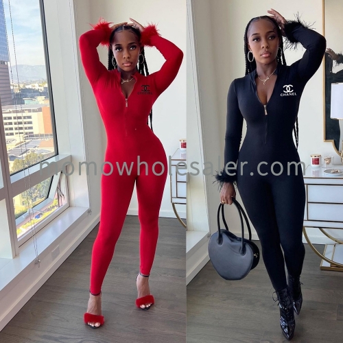 2023 new arrival spring long sleeves ladies sexy zip up feather skinny women romper Jumpsuit