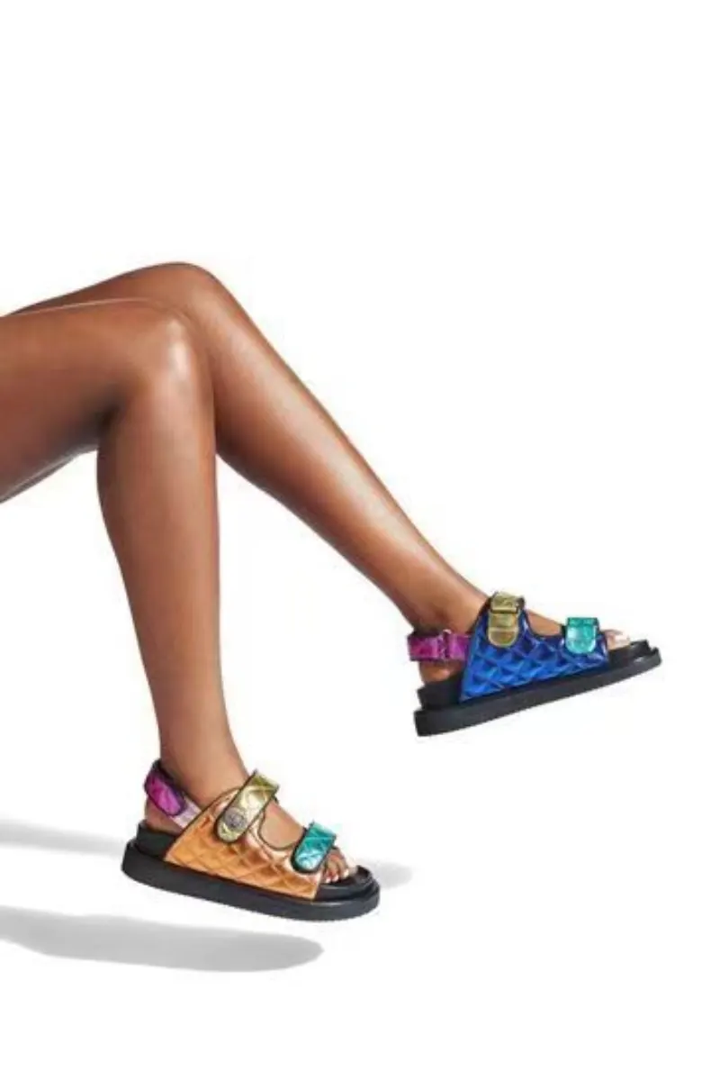 designer flat sandals for women and ladies large size Neon dazzling platform beach shoes women sandals