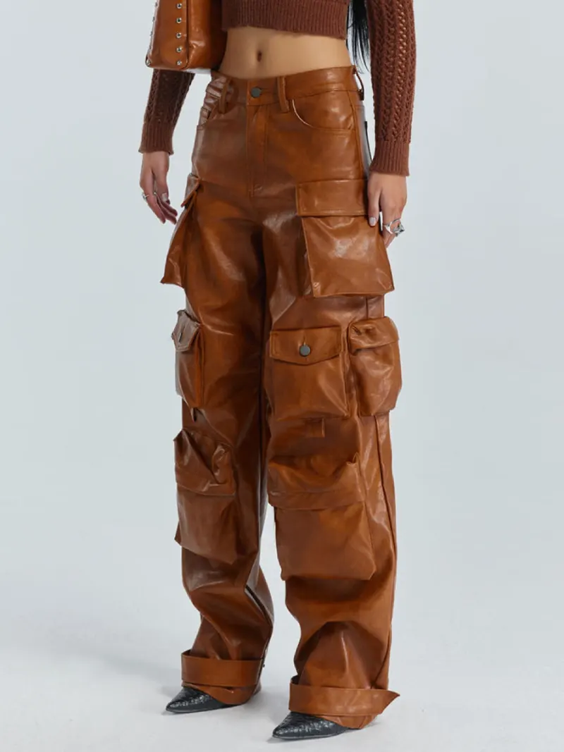 Hot selling dropshipping hot fashion leather cargo pants for women