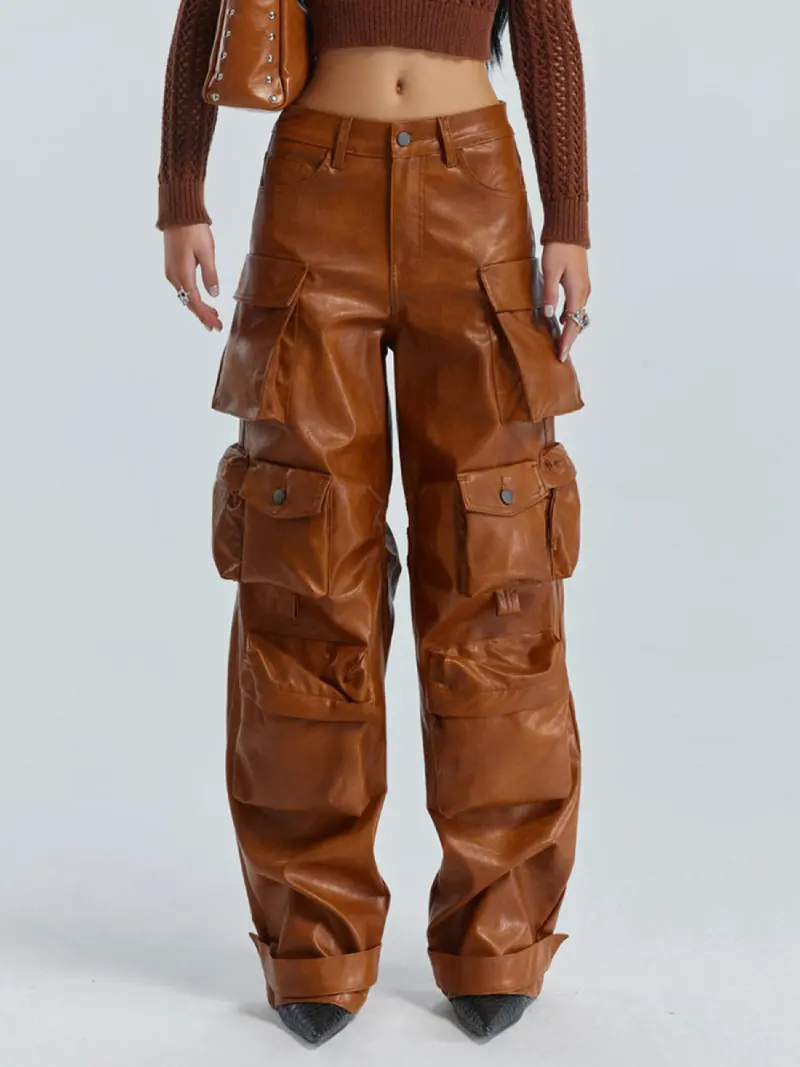 Hot selling dropshipping hot fashion leather cargo pants for women