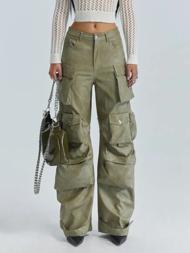 Hot selling dropshipping hot fashion leather cargo pants for women