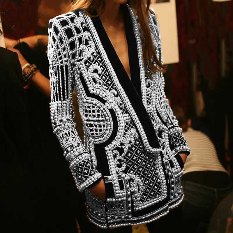 New Arrivals Spring Fashion Printed Luxury Heavy Beaded Deep V Neck Long Sleeve Women Tops Women Blazers