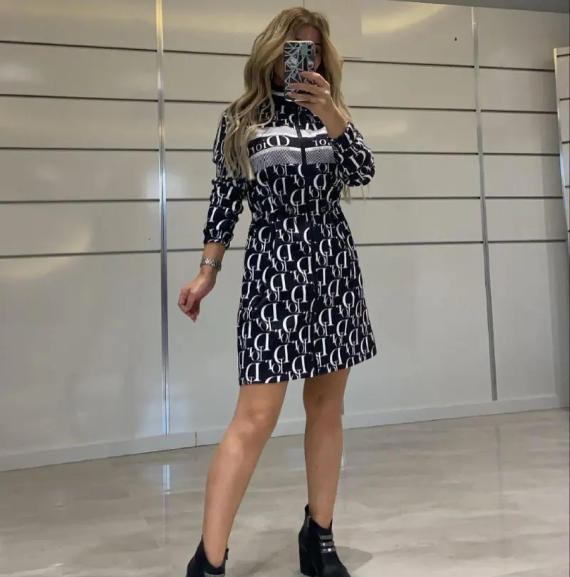 Printed High Neck Long Sleeve Dress
