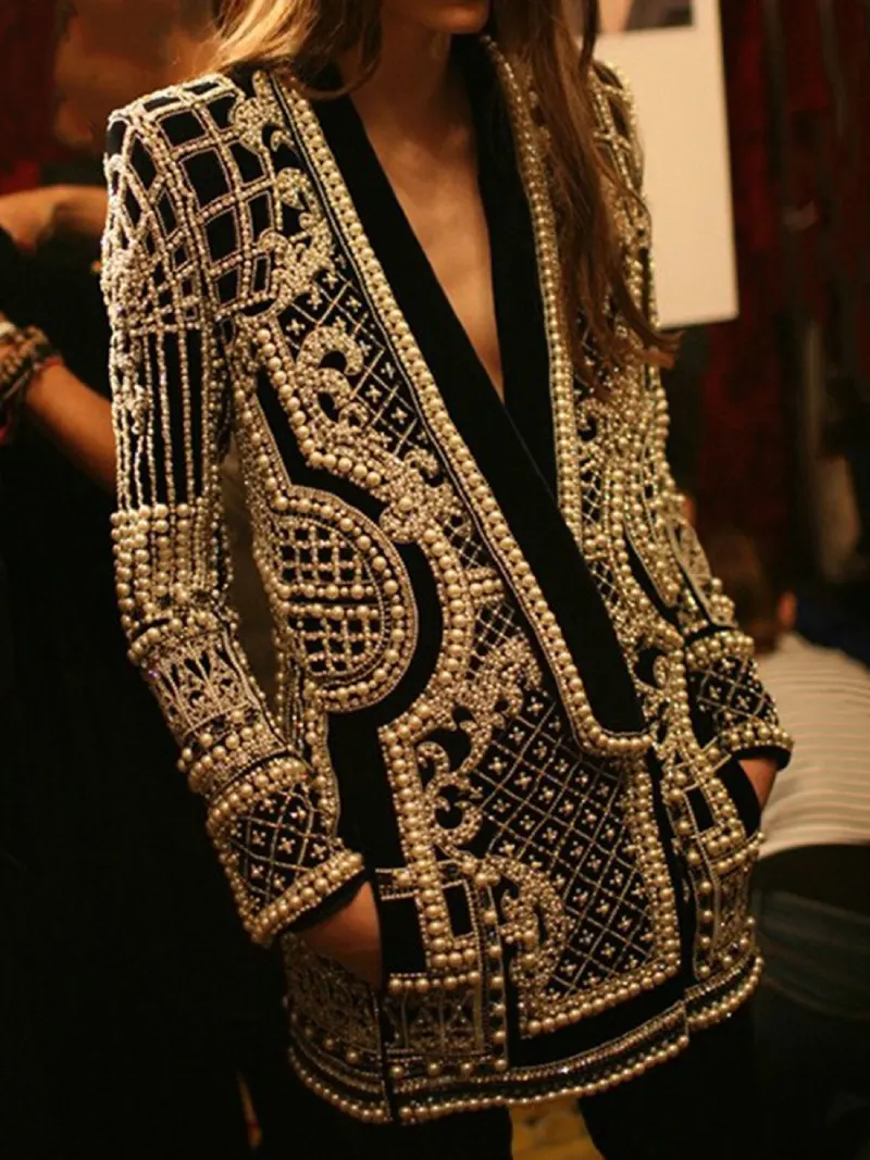 New Arrivals Spring Fashion Printed Luxury Heavy Beaded Deep V Neck Long Sleeve Women Tops Women Blazers