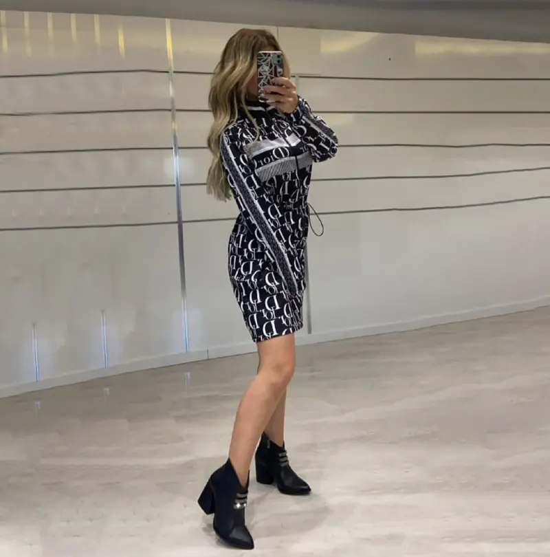 Printed High Neck Long Sleeve Dress