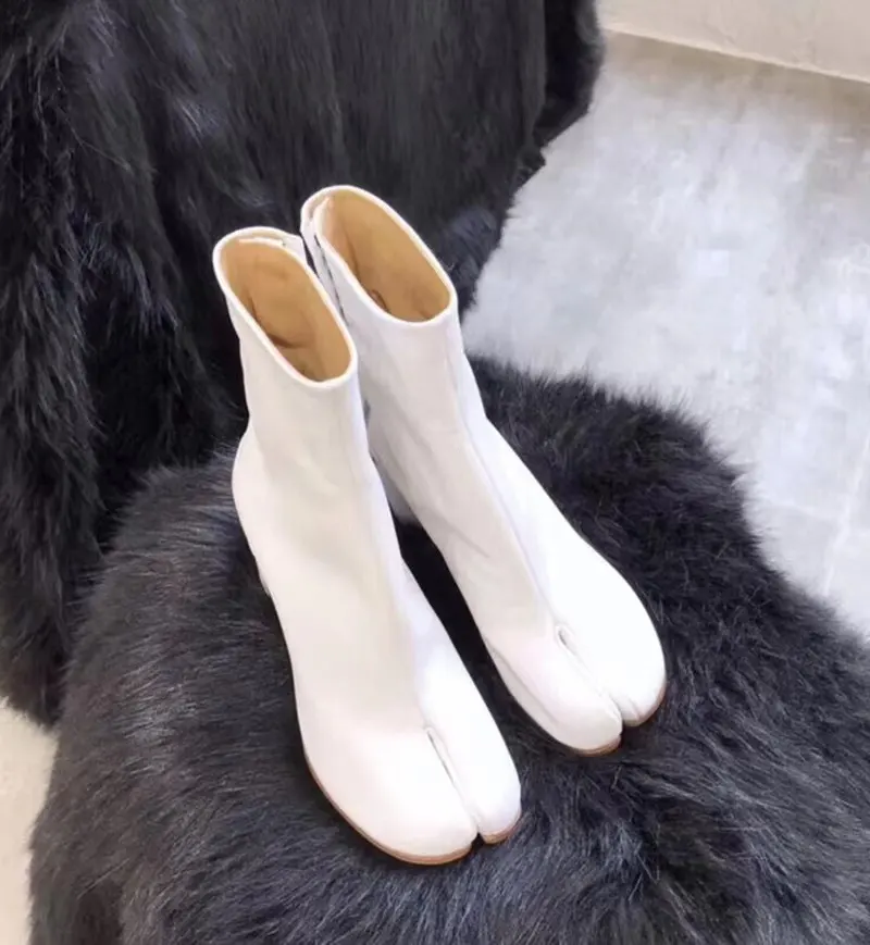 New Catwalk autumn and winter high heel pointed magic lacquer Split toe shoes high heels short boots