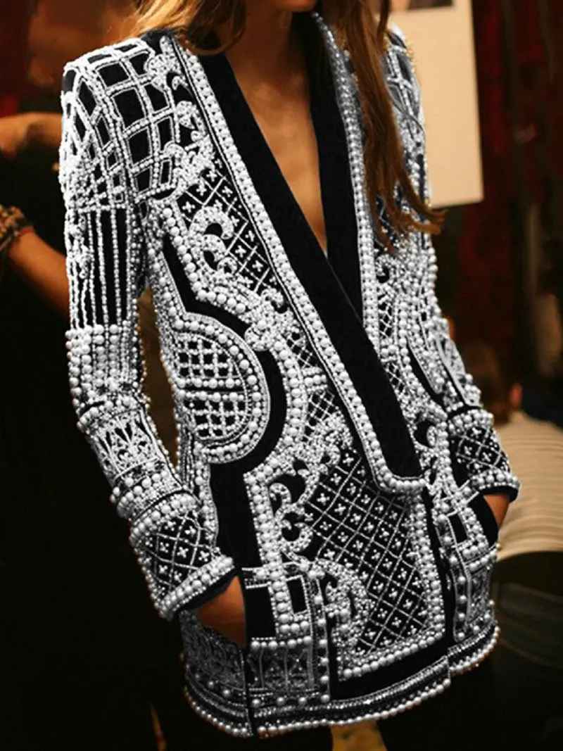 New Arrivals Spring Fashion Printed Luxury Heavy Beaded Deep V Neck Long Sleeve Women Tops Women Blazers